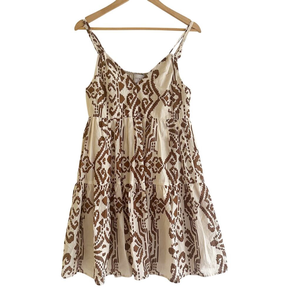 PIETRONILLA Babydoll Strappy Tiered Mini Dress Brown Abstract Ikat Print‎ Small